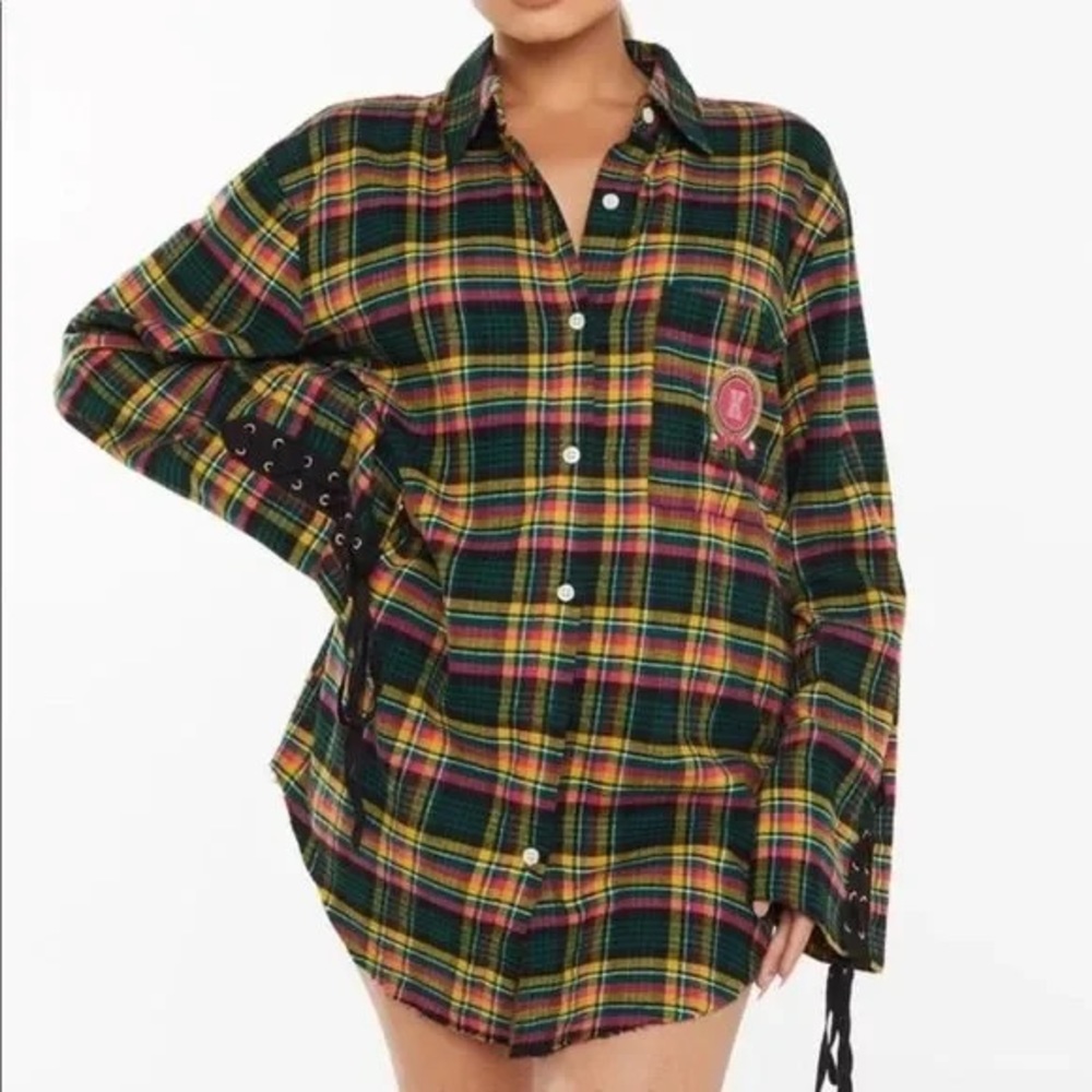 🆕Savage x Fenty Tied Up Tartan PJ Raw Hem Sleep Shirt‎